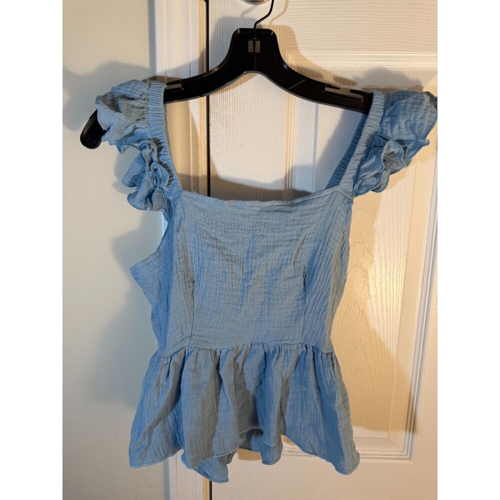 SHEIN Women's XS Chambray Blue Ruffle Strap Peplum Top Open Back Tie Bow